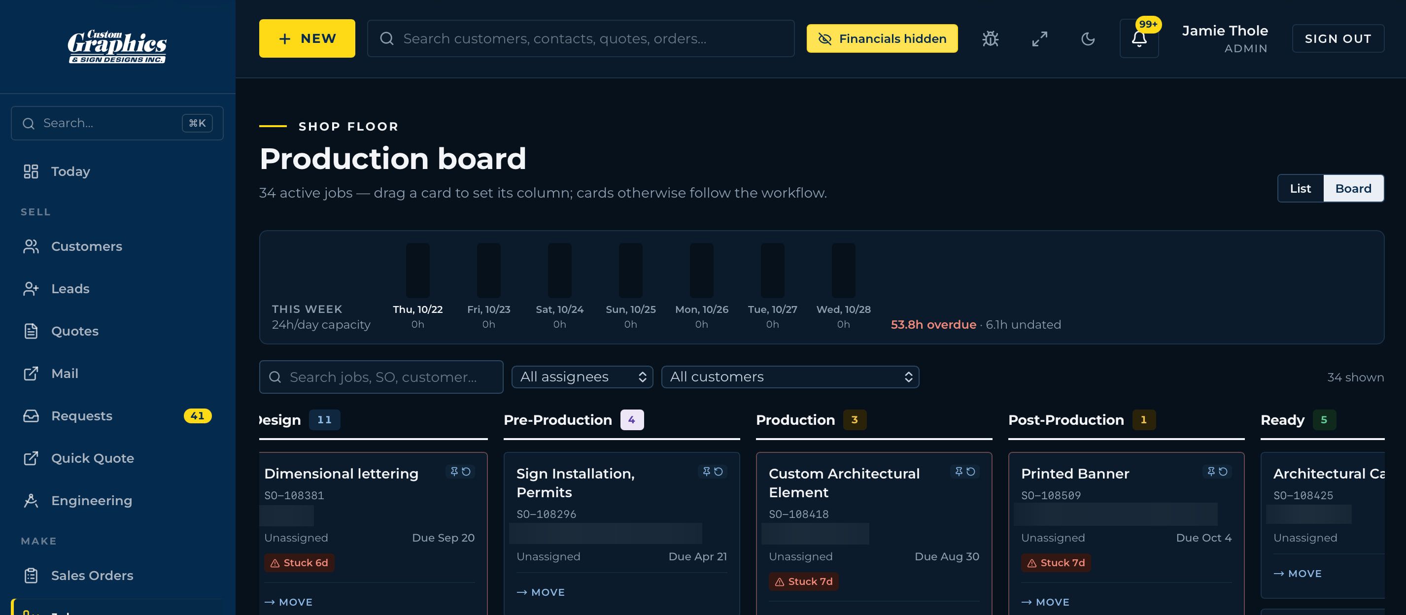 CGSigns OS production board: active jobs in Design, Pre-production, Production, Post-production and Ready columns, with the week's shop capacity across the top. Customer names are blurred.