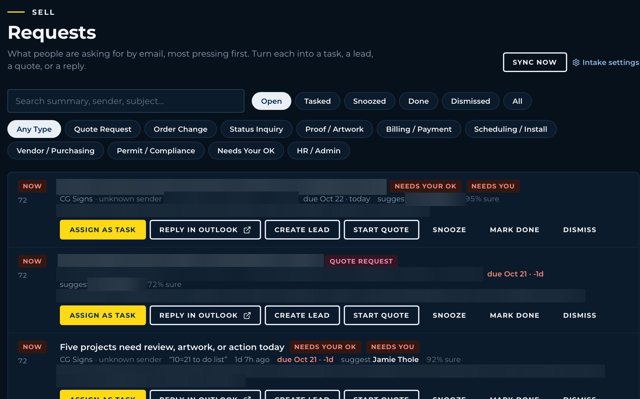 Requests inbox: inbound emails sorted by urgency and type, each with a suggested owner and buttons to assign, reply, create a lead or start a quote. Request details are blurred.