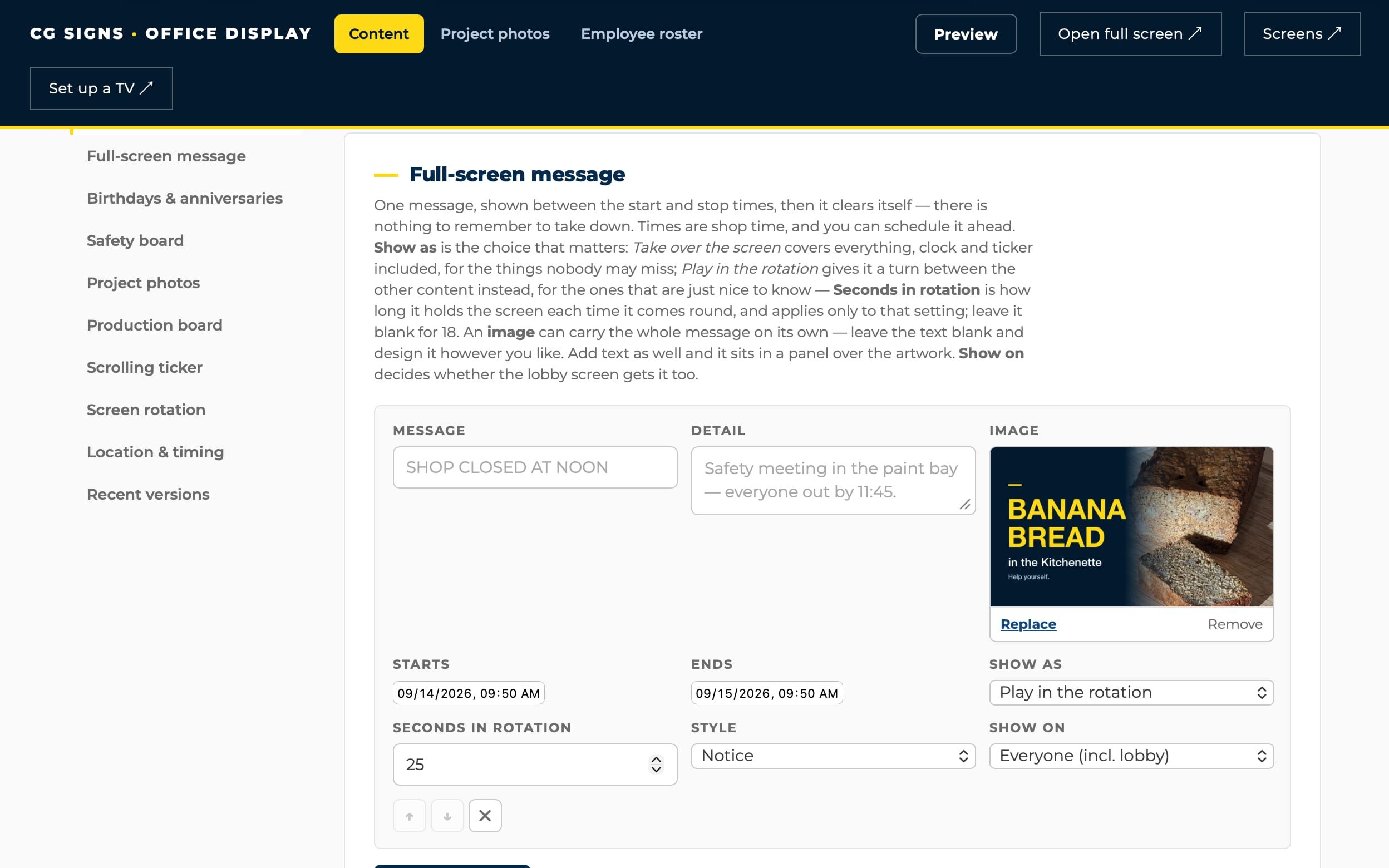 Signage editor: a sidebar of content types, and a full-screen message with an image, start and end times, how long it holds the screen, and whether it shows on staff screens only or the lobby too.